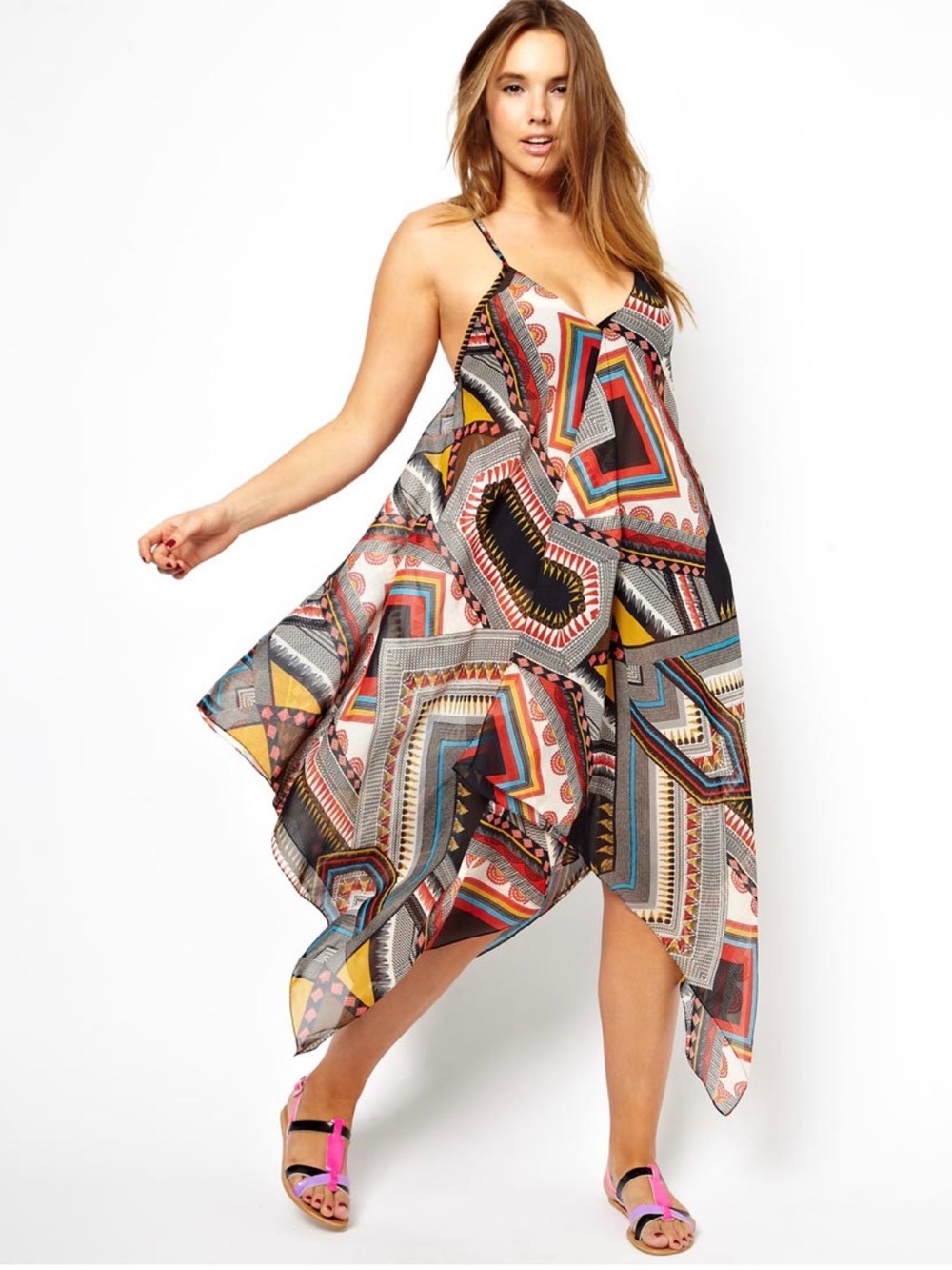 ASOS Multi-Color Geometric Asymmetrical Handkerchief Hem Maternity Dress
